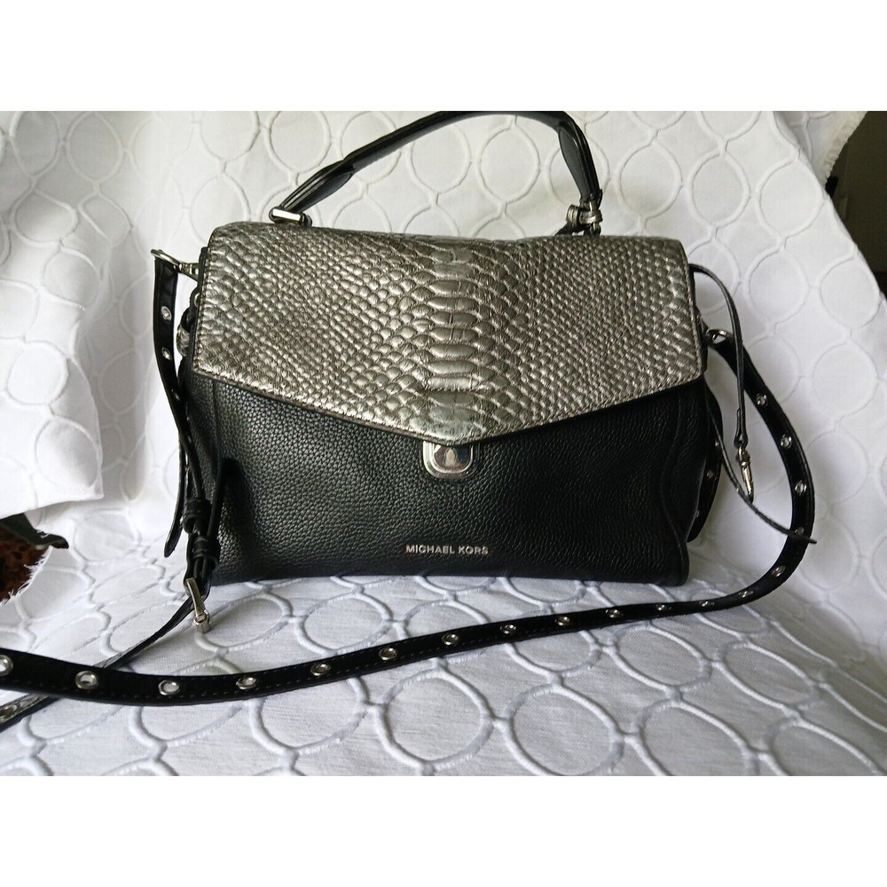 MICHAEL KORS BLACK LEATHER & SILVER REPTILE FLAP SATCHEL /  CROSS--BODY BAG